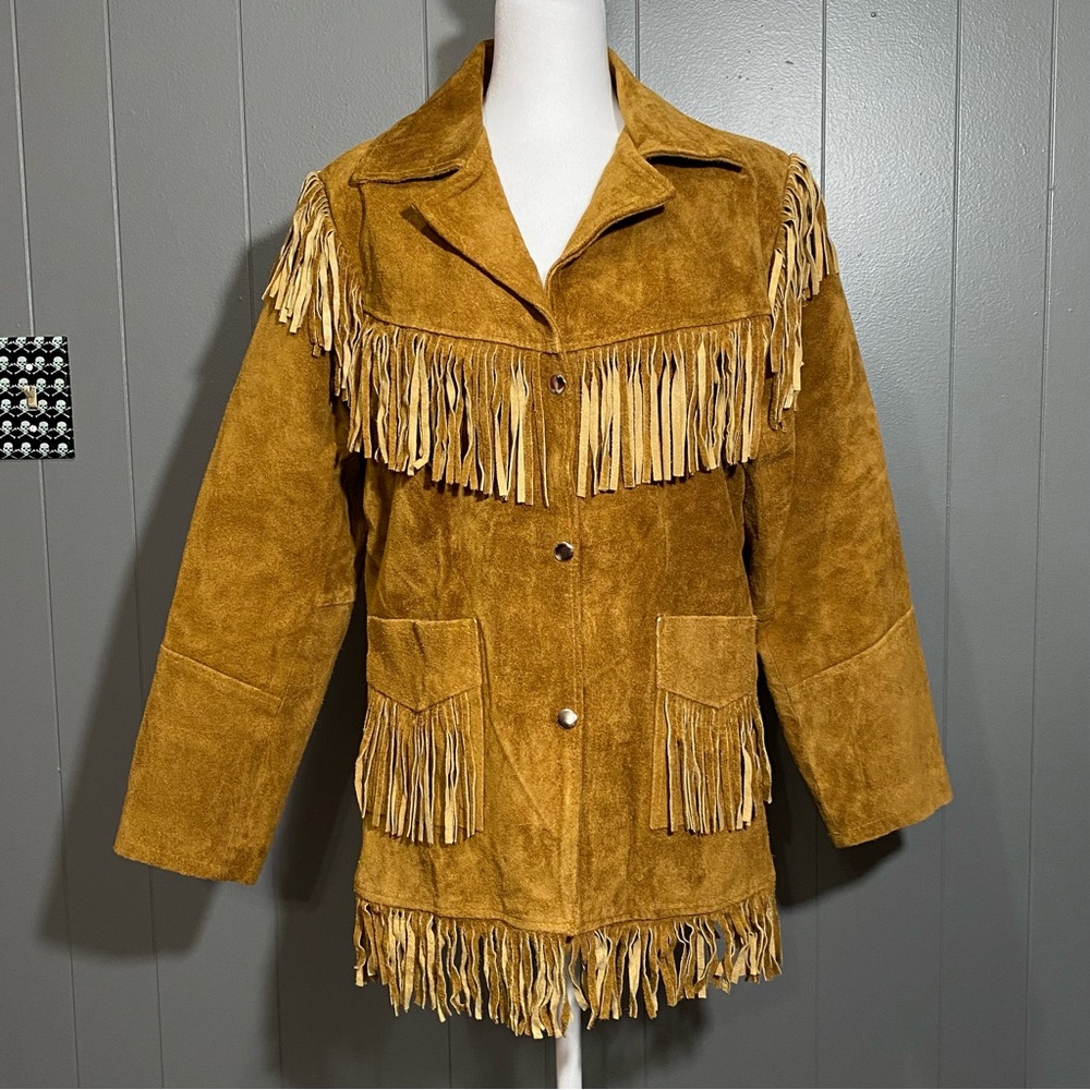 Quality Supply Size M Tan Suede Genuine Leather Fringe Snap Jacket Cowgirl